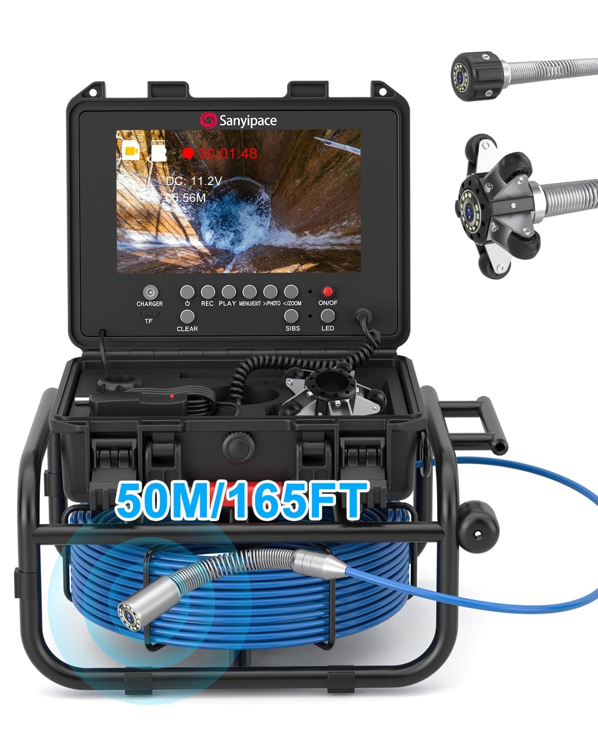 Telecamera per Fognature 50M, Sanyipace Telecamere di Ispezione Professionale con DVR, Registratore Audio, Luci LED Regolabili 12, IP68 impermeabile, Telecamera di Drenaggio con Trasmettitore da 512hz