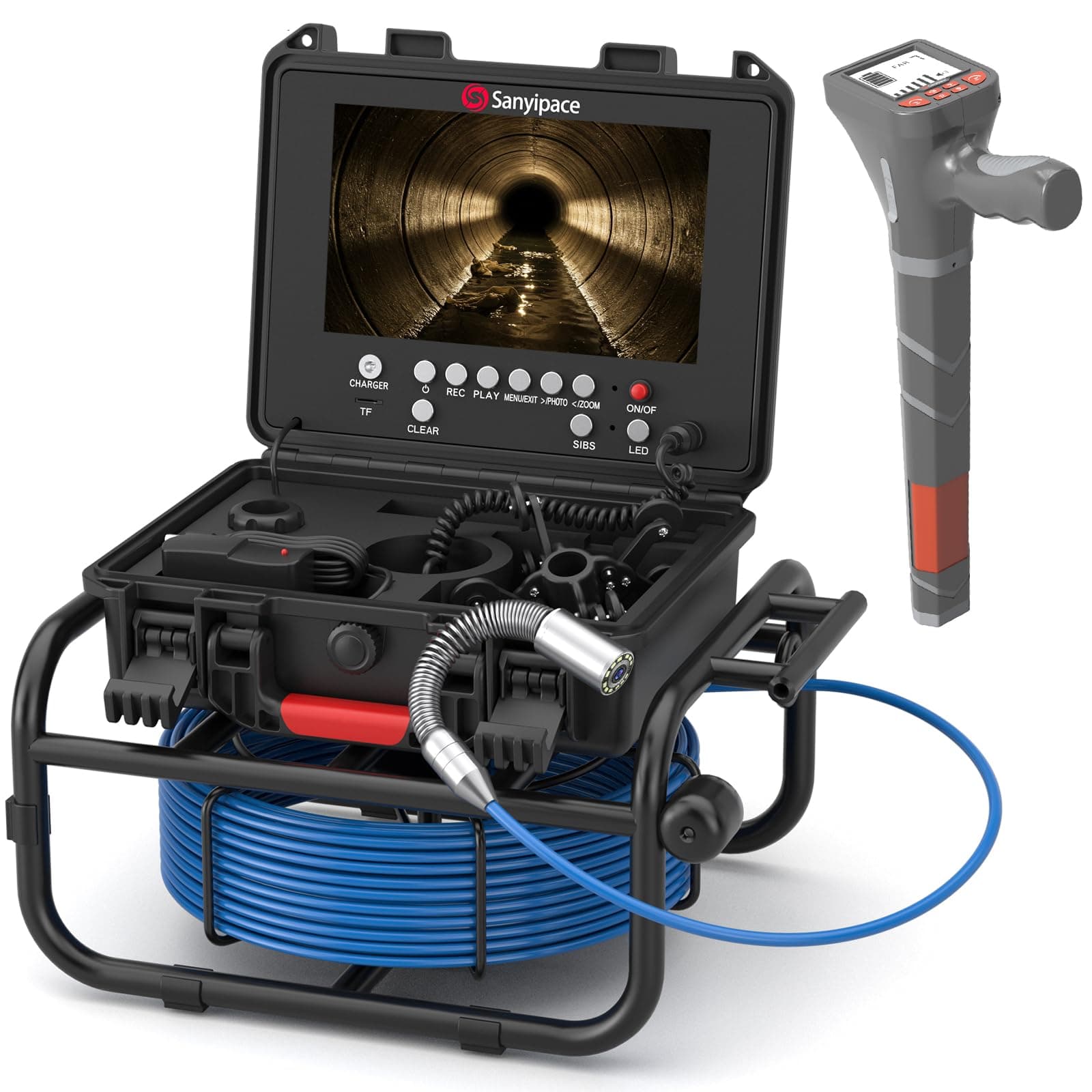 Telecamera Ispezione Tubi Sanyipace con Localizzatore a 512Hz, HD da 9" Telecamera per Fognature Autolivellante con Trasmettitore, Contatore di Distanza, Zoom 5X, Endoscopio Industriale 50M/165FT