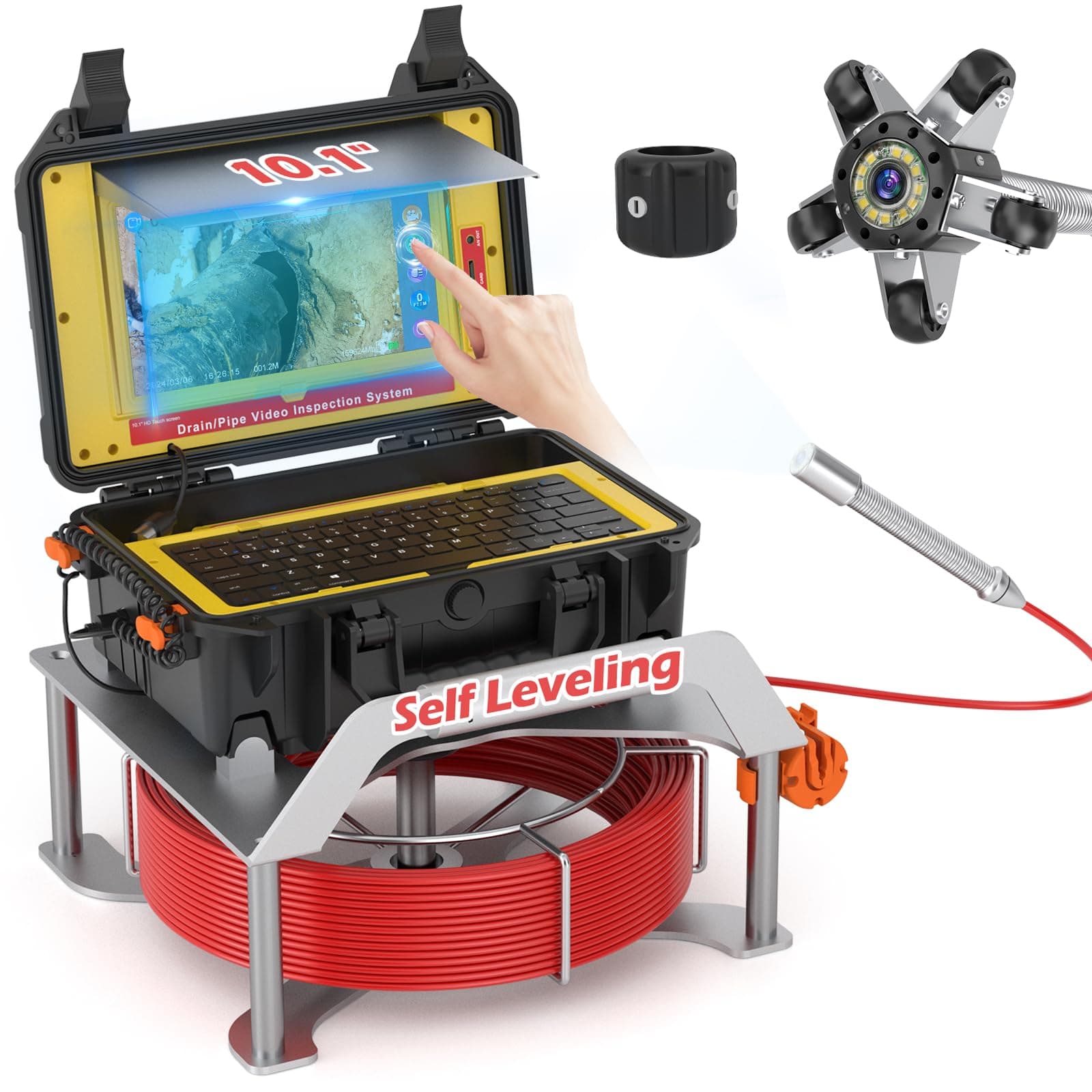 Telecamera di Ispezione 50M, Sanyioace 23MM Telecamera Ispezione Tubi con Trasmettitore a 512 Hz, Autolivellante, Contatore di Distanza Schermo Touch Screen da 10,1 Pollici, Batteria da 4500 mAh