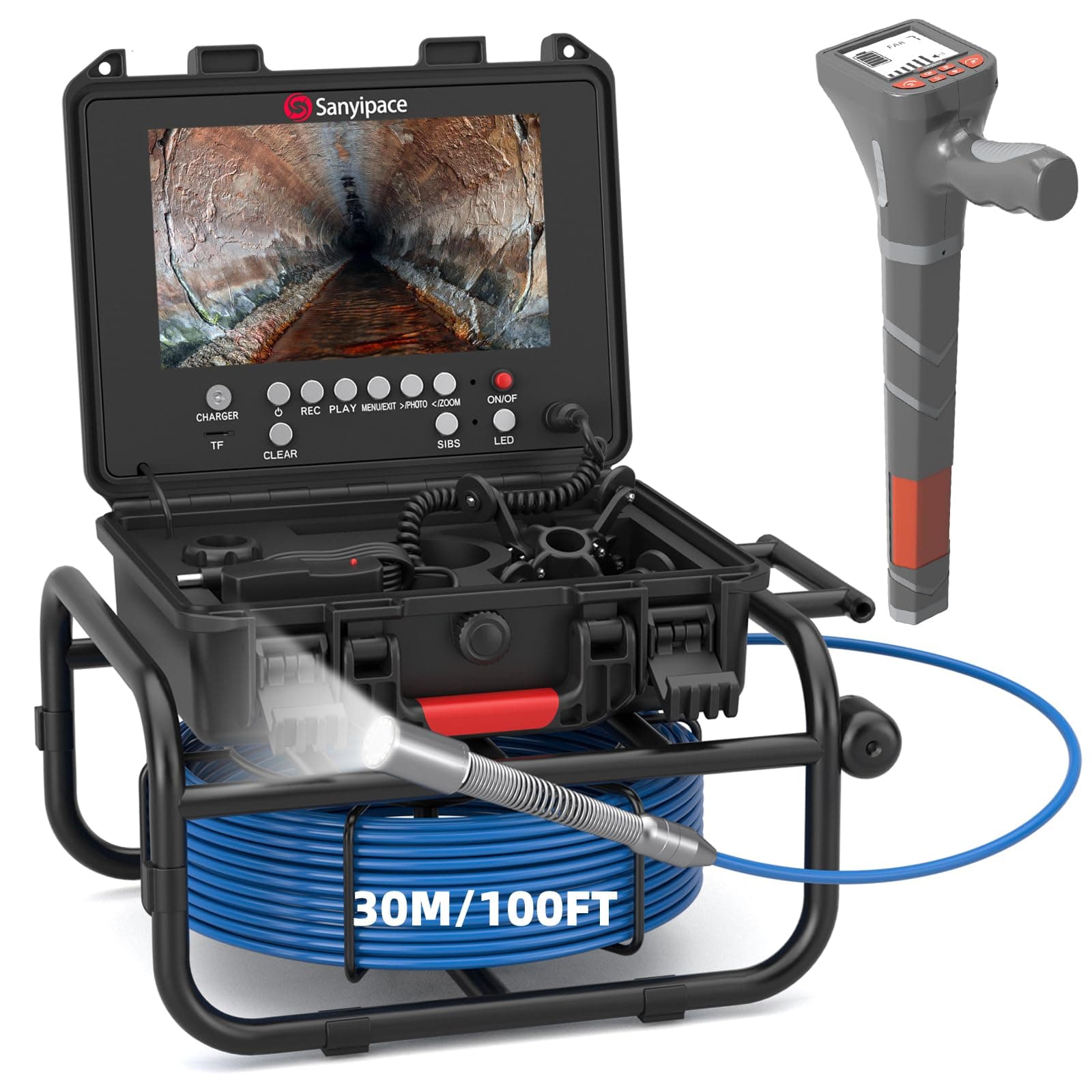 Telecamera Ispezione Tubi Sanyipace con Localizzatore a 512Hz, HD da 9" Telecamera per Fognature Autolivellante con Trasmettitore, Contatore di Distanza, Zoom 5X, Endoscopio Industriale 30M/100FT